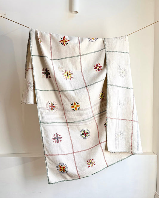 Large Embroidered Vintage Kantha Quilt in White With Flower Pattern