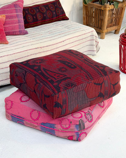 Large Square Kantha Floor Cushion Cover In Burgundy