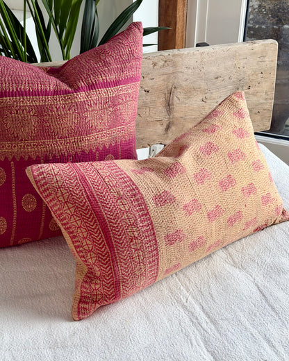 Vintage Kantha Cushion In Pink and Beige - Small Rectangular