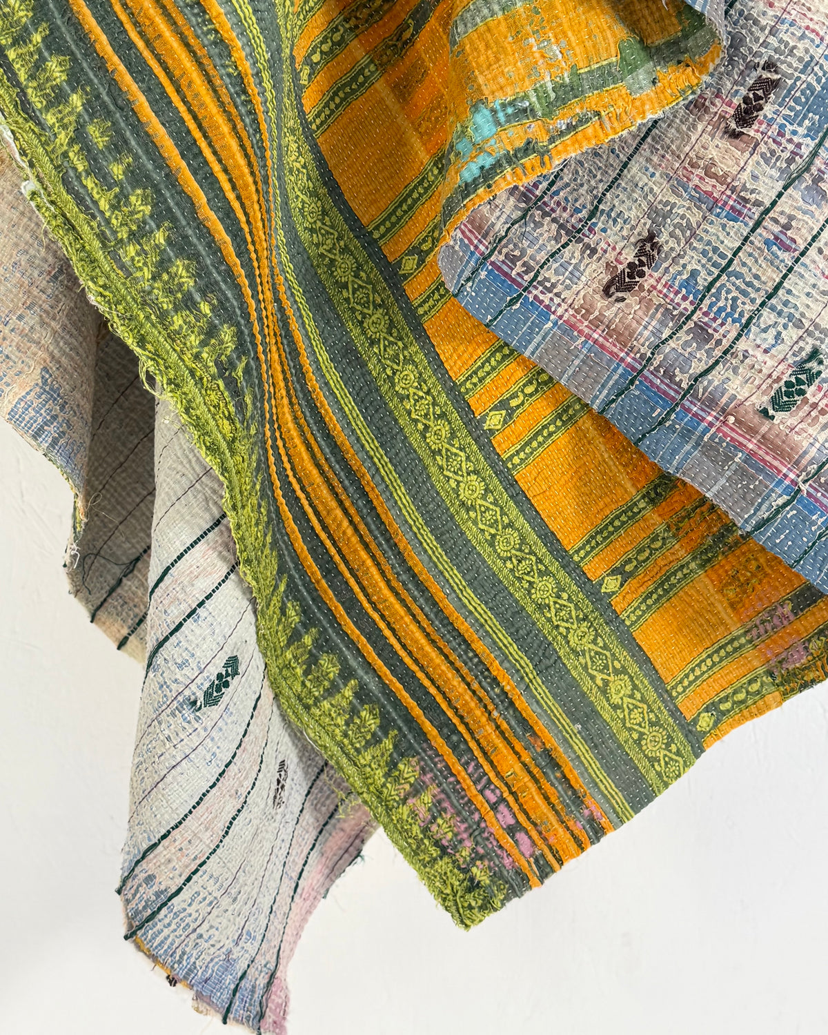 Textured Vintage Kantha Quilt In Orange, Green and White