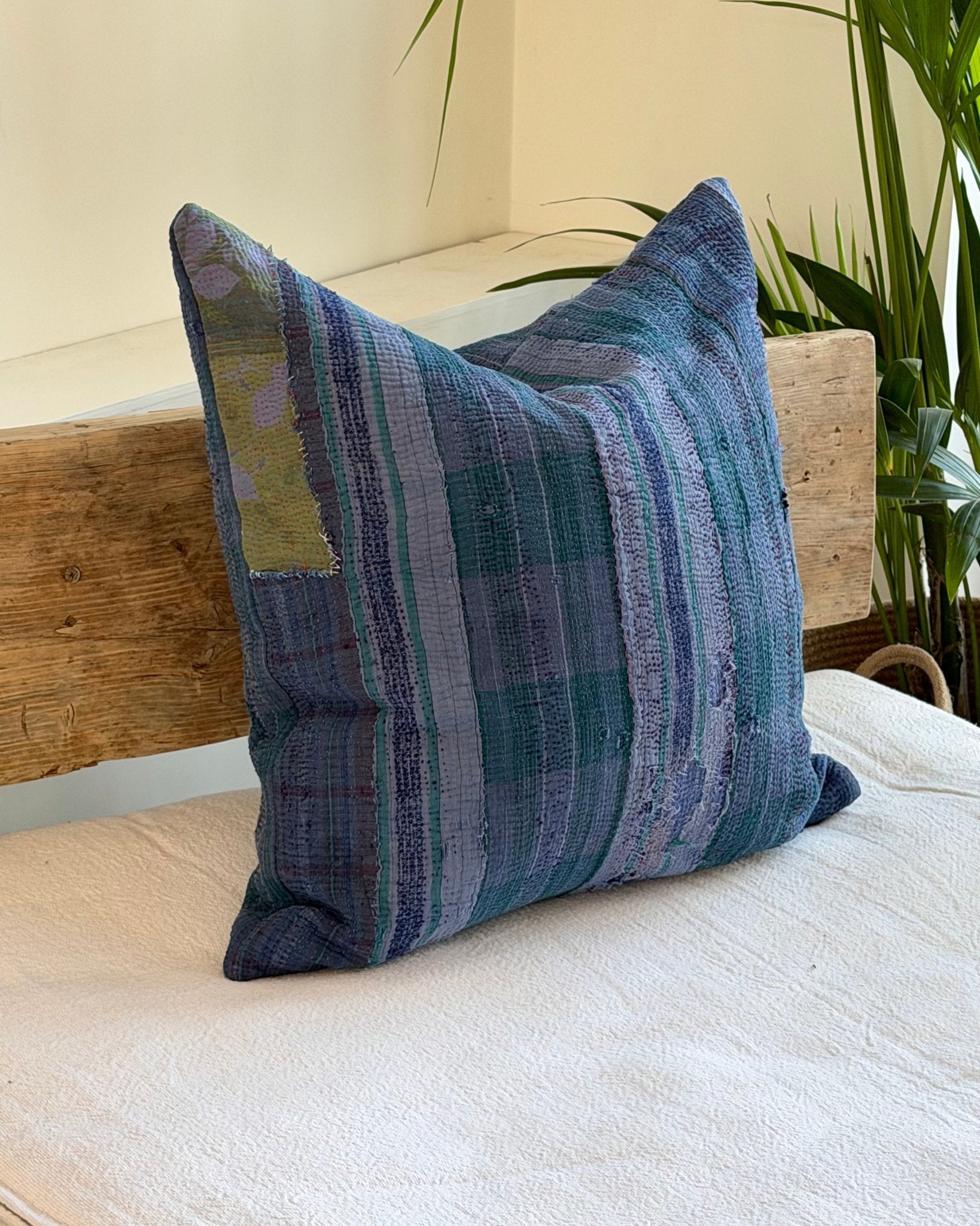 Handmade Vintage Kantha Cushion In Deep Blue - 50cm Square - Biggs & Hill