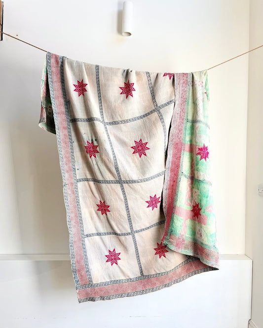 Star Embroidered Vintage Kantha Quilt in White and Red