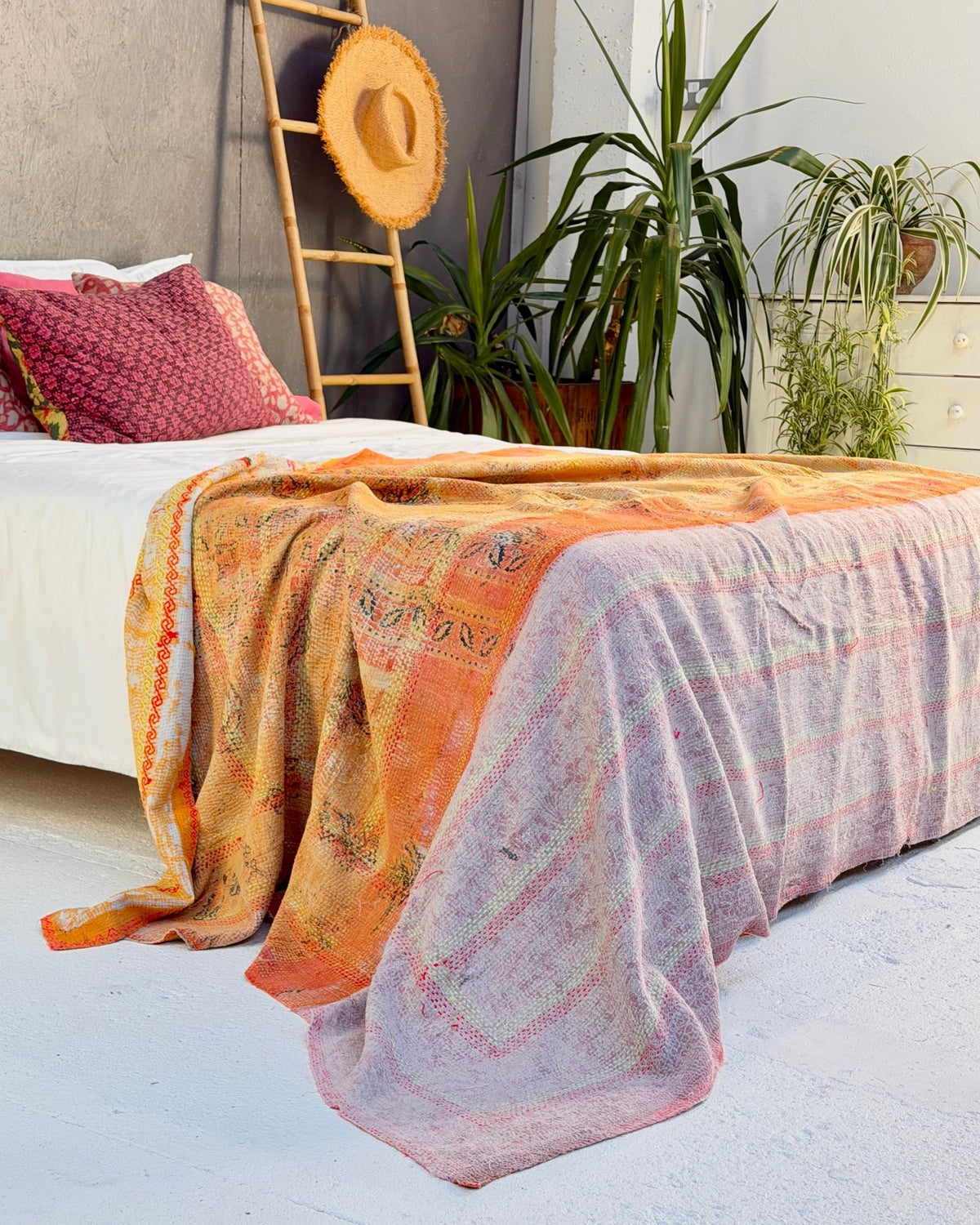 Embroidered Vintage Kantha Quilt in Yellow and Pink - Biggs & Hill