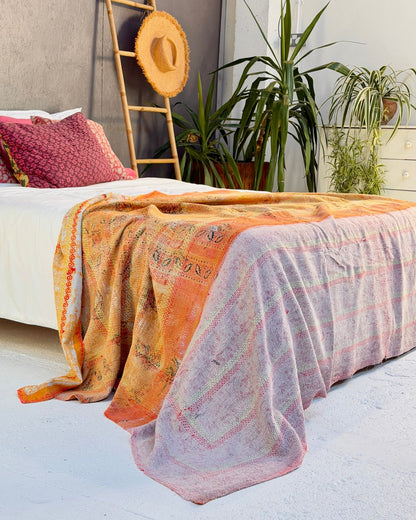 Embroidered Vintage Kantha Quilt in Yellow and Pink - Biggs & Hill