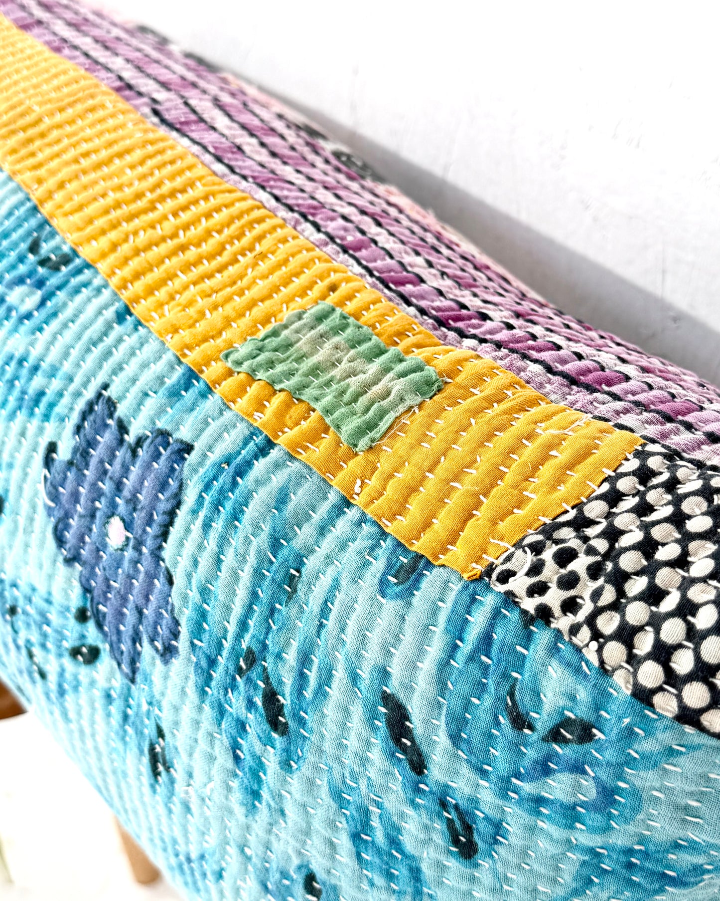 Vintage Kantha Bolster Cushion Cover In Patchwork Blue and Yellow - 100cm
