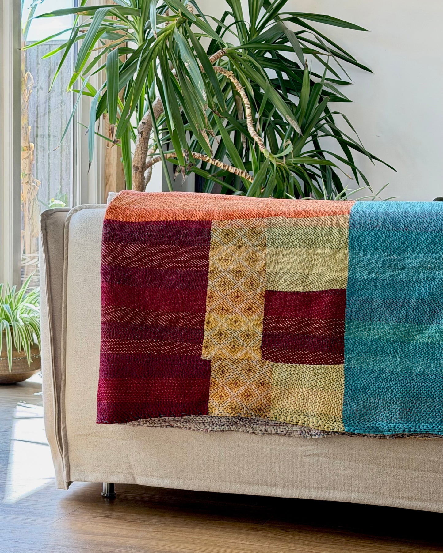 Large Heavy Kantha Blanket Quilt in Pink, Orange and Blue Colour Block