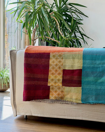 Large Heavy Kantha Blanket Quilt in Pink, Orange and Blue Colour Block