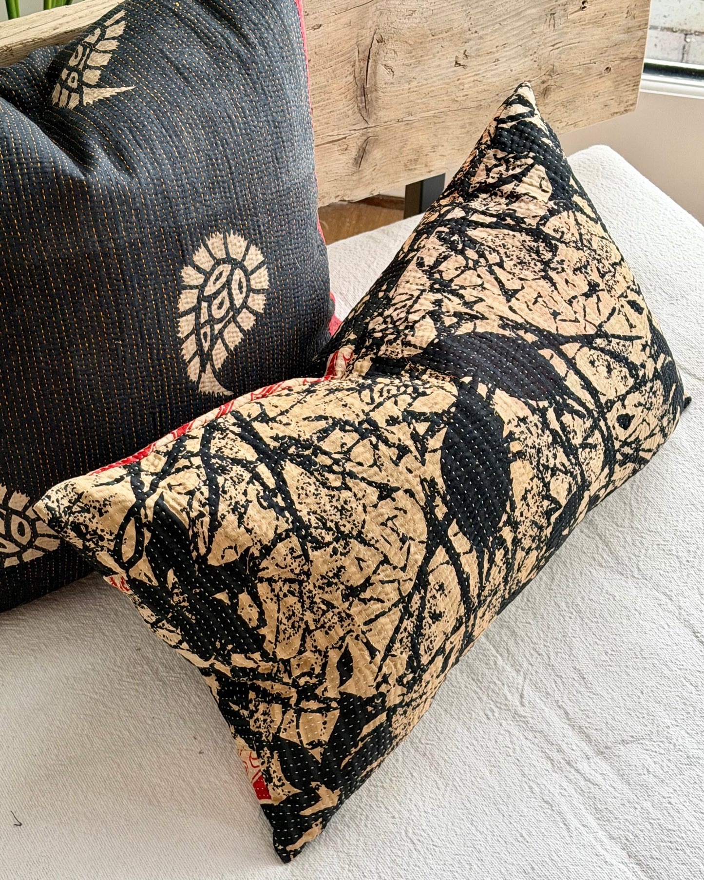 Vintage Kantha Cushion In Black and Red- Small Rectangular