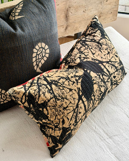 Vintage Kantha Cushion In Black and Red- Small Rectangular