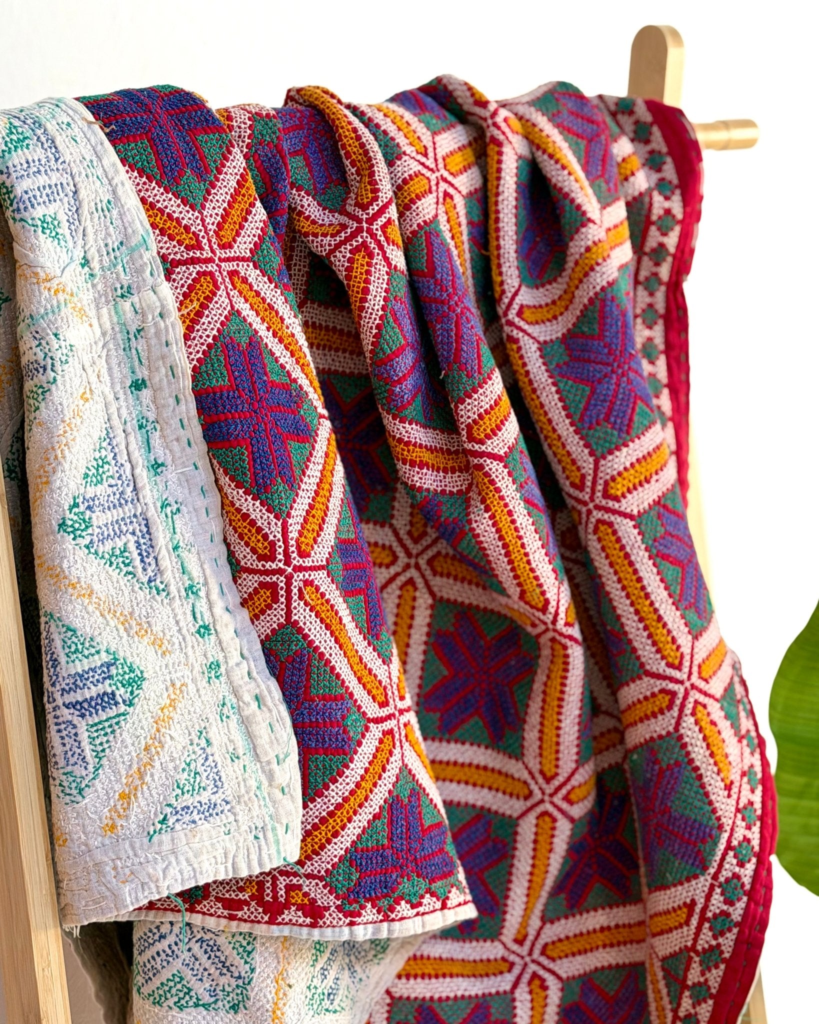 Heavy Vintage Galicha Kantha Quilt In Blue and Red - Biggs & Hill