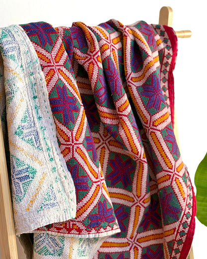 Heavy Vintage Galicha Kantha Quilt In Blue and Red - Biggs & Hill