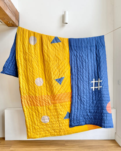 Quilted Kantha In Blue and Yellow With Geometric Patterns - SUPER KING - Biggs & Hill