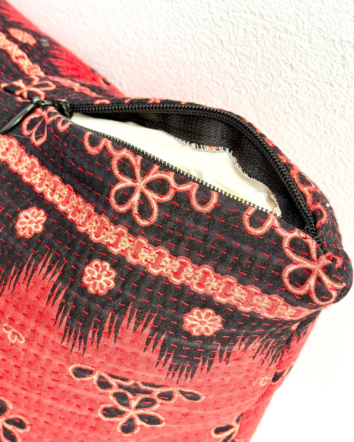 Handmade Reversible Vintage Kantha Cushion Cover In Red and Black - 45cm (18") - Biggs & Hill