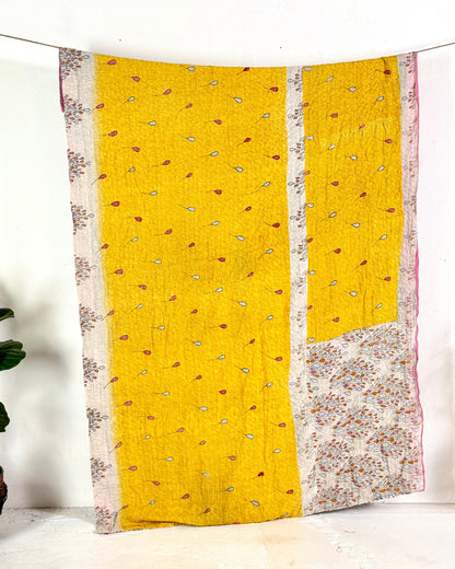 Vintage Cotton Kantha Quilt In Yellow and Pink 10 - Biggs & Hill