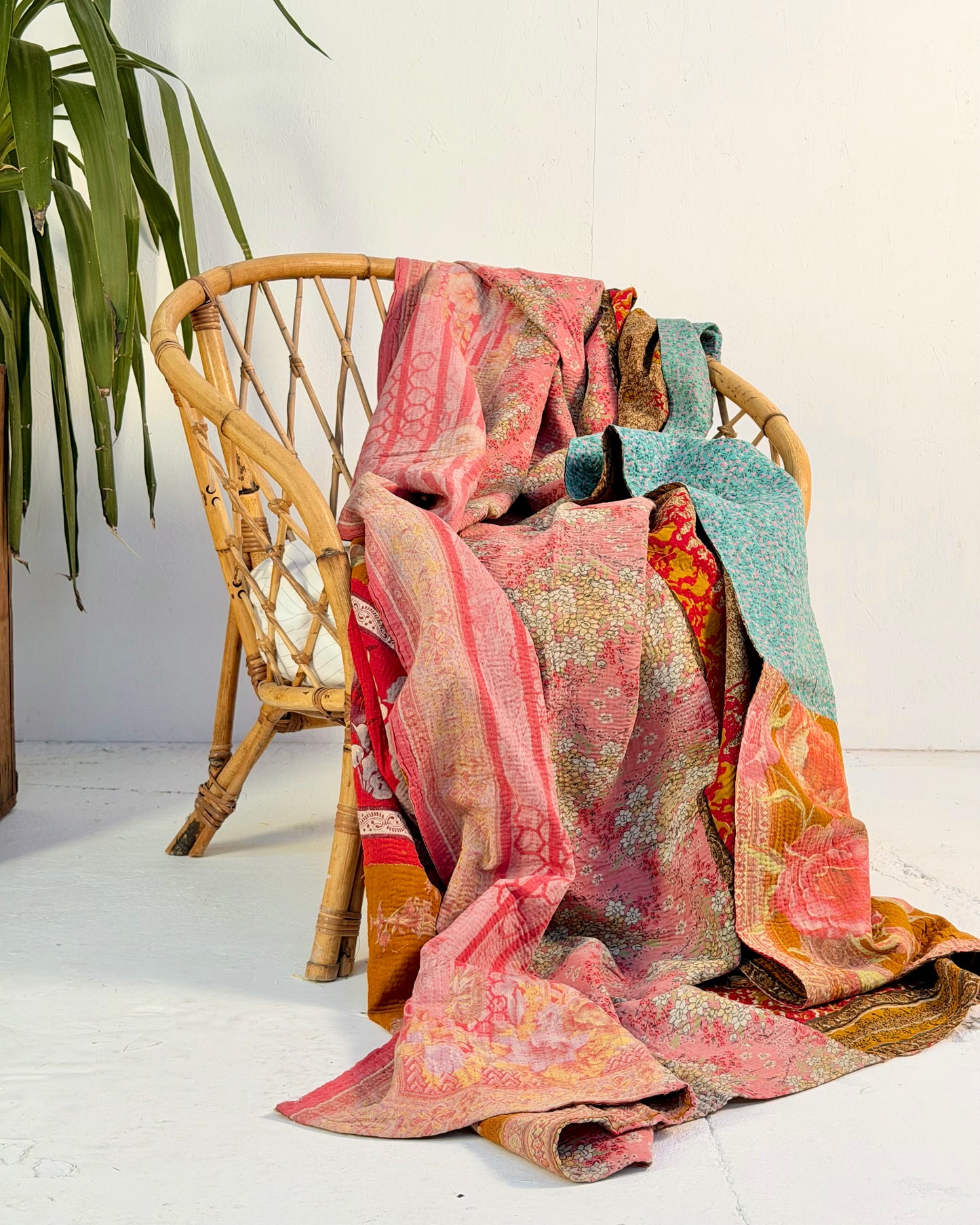 Extra Large Large Fine Stitched Vintage Kantha Quilt in Vibrant Pink, Turquoise, Mustard and Red