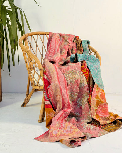 Extra Large Large Fine Stitched Vintage Kantha Quilt in Vibrant Pink, Turquoise, Mustard and Red