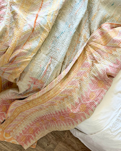 Textured Vintage Kantha Quilt In Pink and Yellow