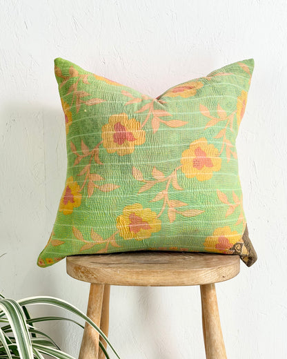 Handmade Vintage Kantha Cushion Cover In Green and Yellow - 45cm (18") Square