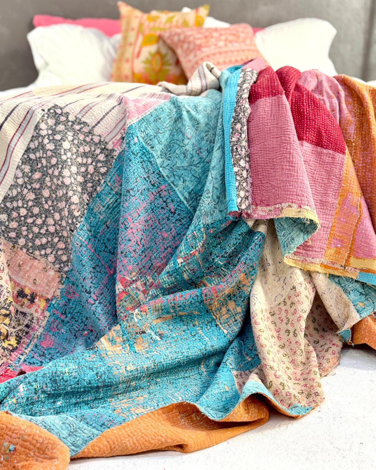 Textured Vintage Kantha Quilt in Patchwork Pink, Orange and Blue - Biggs & Hill