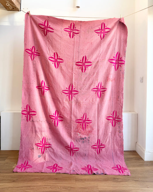 Project Kantha Quilt: Large Bright Pink With Big Flowers