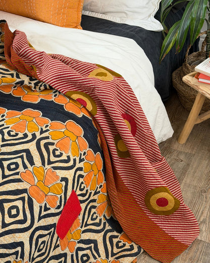 Extra Large Fine Stitched Vintage Kantha Quilt With Pink Dots and Navy Blue Patterns - Biggs & Hill