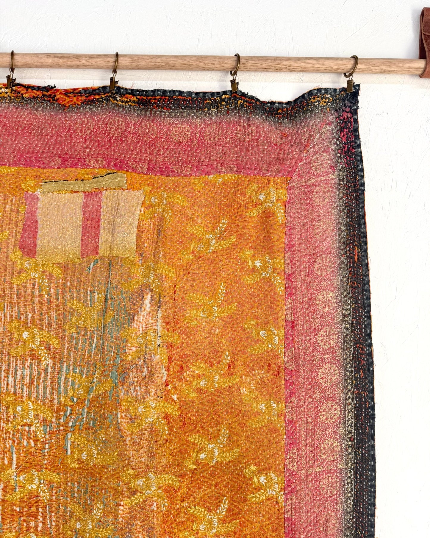 Large Textured Vintage Kantha Quilt In Yellow and Pink - Biggs & Hill