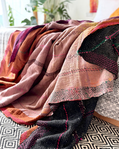 Extra Large Fine Stitched Embroidered Vintage Kantha Quilt in Pink and Brown - [studio pictures] - Biggs & Hill