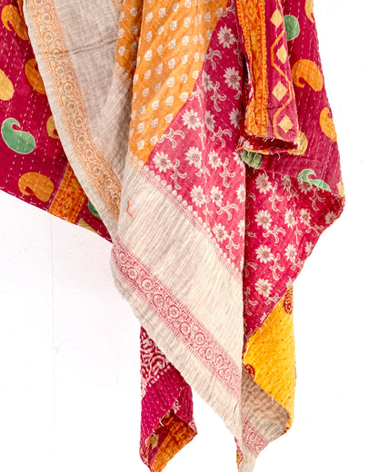 Vintage Cotton Kantha Quilt In Yellow and Pink #49