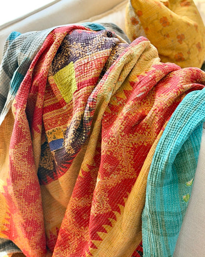 Extra Large Textured Vintage Kantha Quilt In Geometric Yellow, Black and Orange - Biggs & Hill