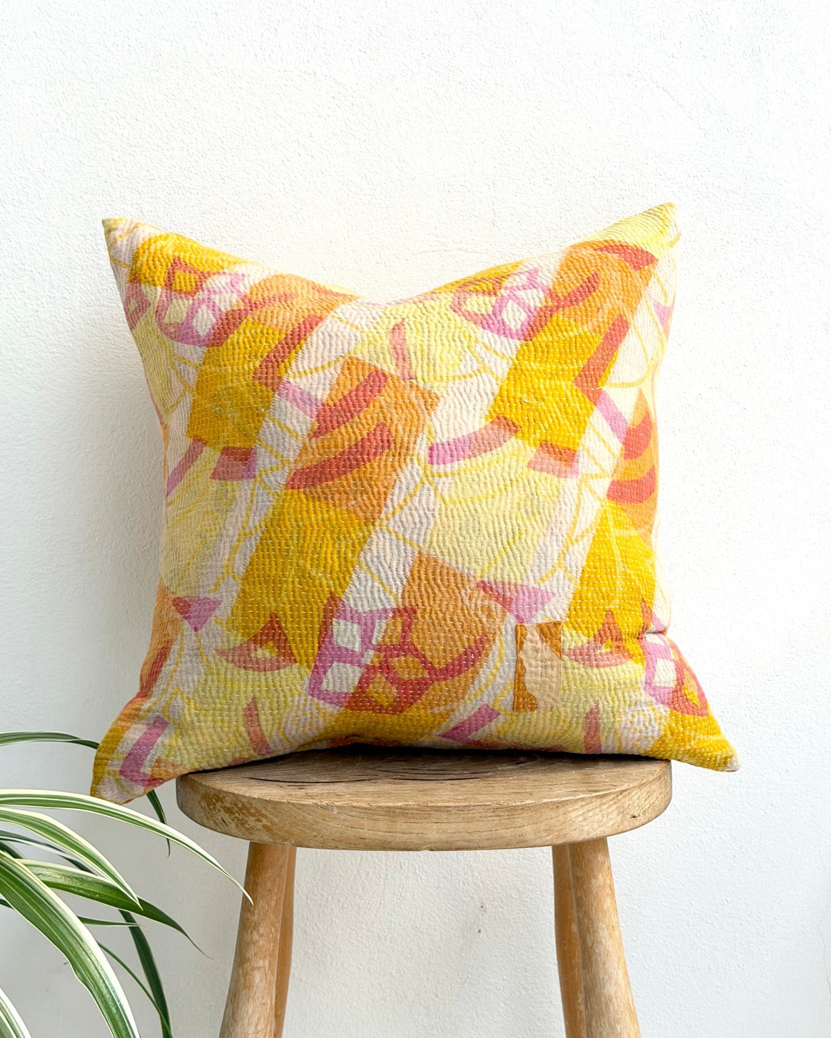Handmade Reversible Vintage Kantha Cushion Cover In Pink and Yellow - 45cm (18") - Biggs & Hill