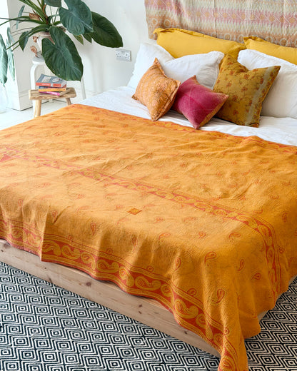 Extra Large Fine Stitched Vintage Kantha Quilt in Yellow and Orange