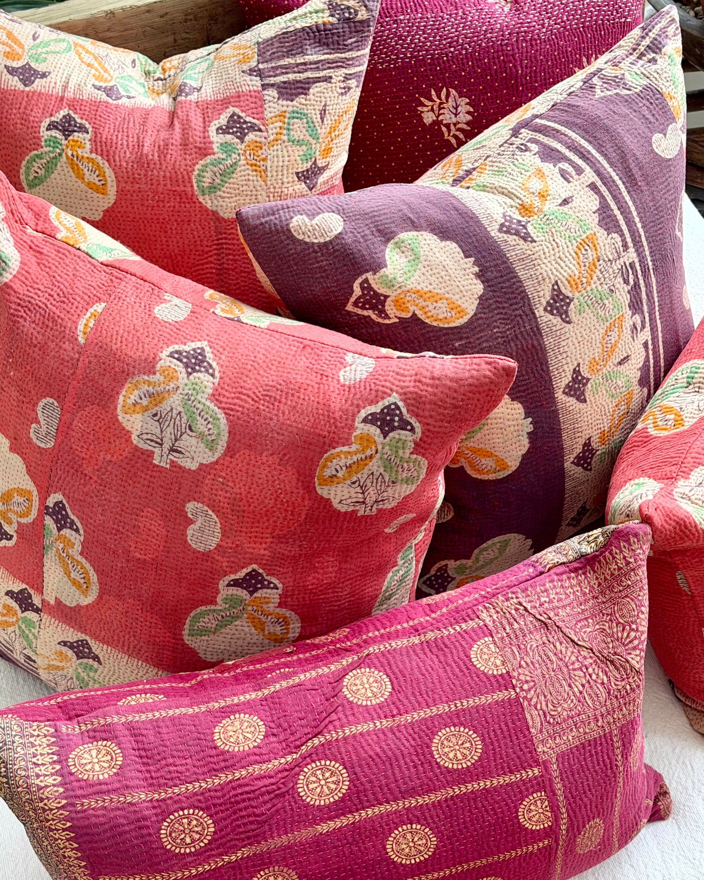Vintage Kantha Cushion In Pink and Purple - 45cm Square
