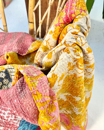 Extra Large Large Fine Stitched Vintage Kantha Quilt in Pink and Yellow