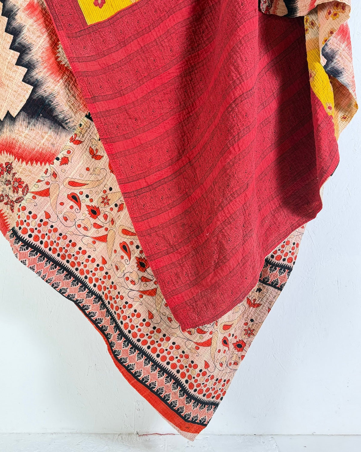Extra Large Fine Stitched Vintage Kantha Quilt in Geometric Red and Yellow - Biggs & Hill