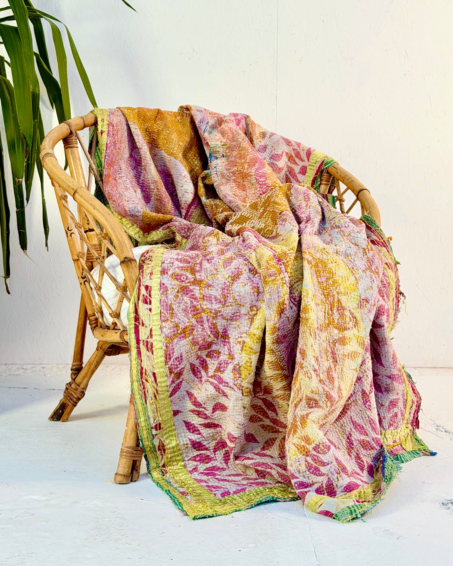 Textured Vintage Kantha Quilt In Pink and Yellow