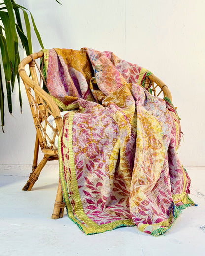 Textured Vintage Kantha Quilt In Pink and Yellow