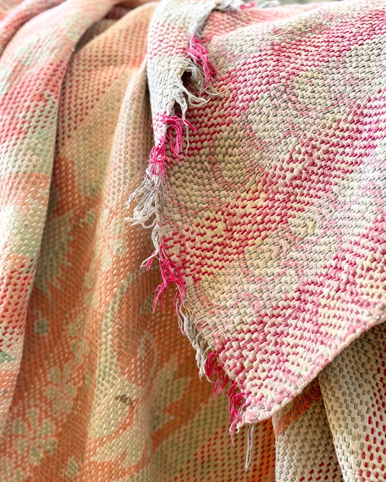Heavy Kantha Blanket Quilt With Pink Stripes - Biggs & Hill