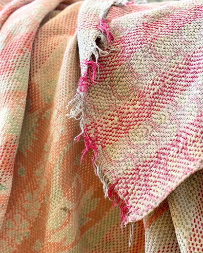 Heavy Kantha Blanket Quilt With Pink Stripes - Biggs & Hill