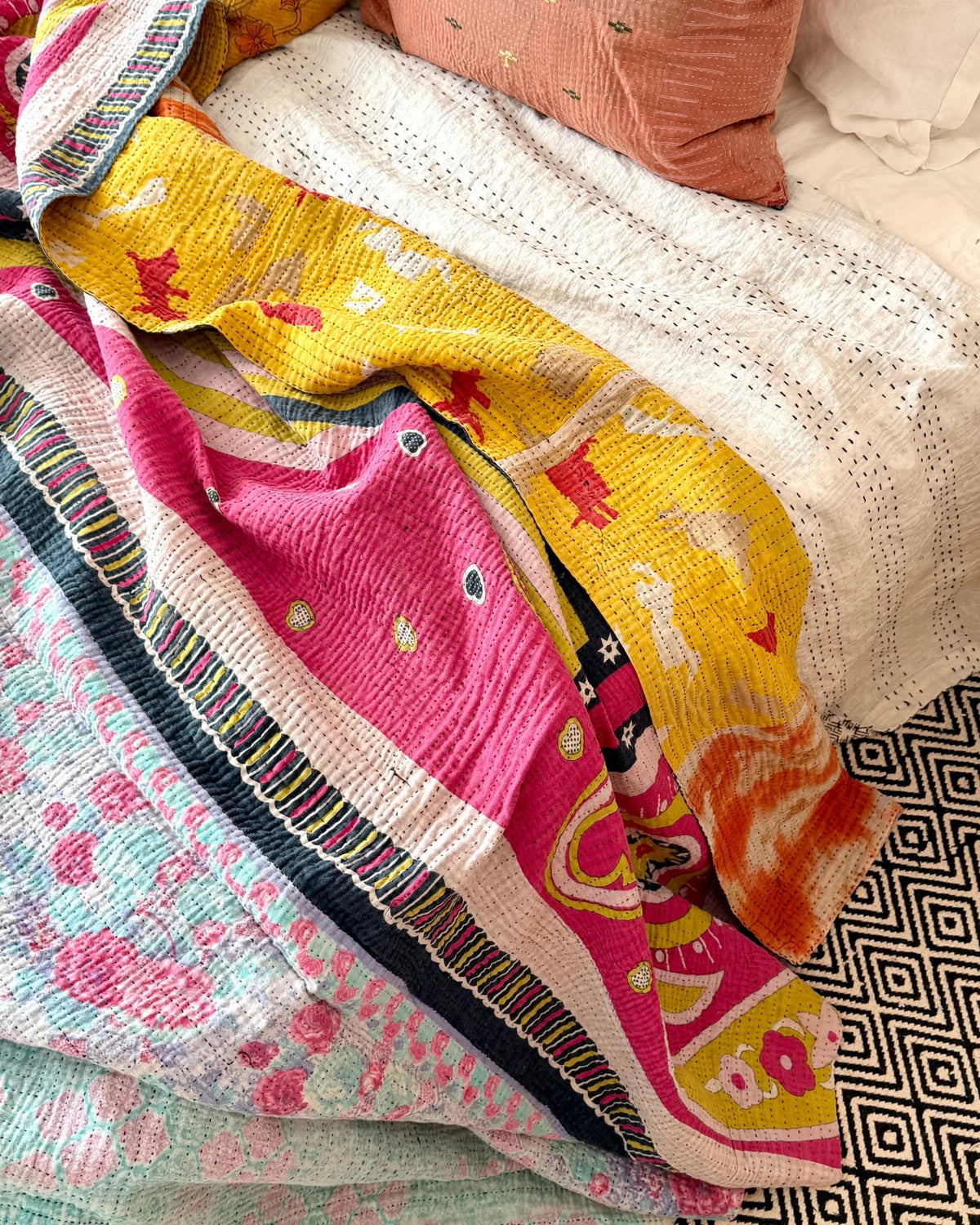 Extra Large Fine Stitched Vintage Kantha Quilt in Vibrant Multicolour Patterns - Biggs & Hill