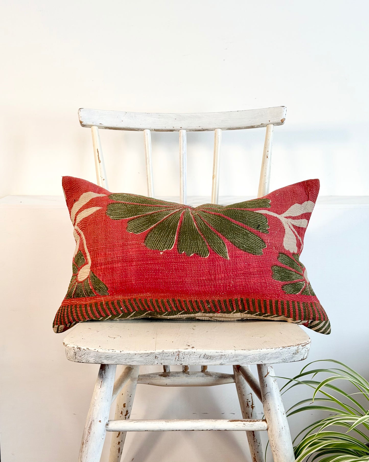 Vintage Kantha Cushion In Forest Green and Pink - Small Rectangular