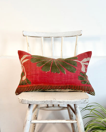 Vintage Kantha Cushion In Forest Green and Pink - Small Rectangular