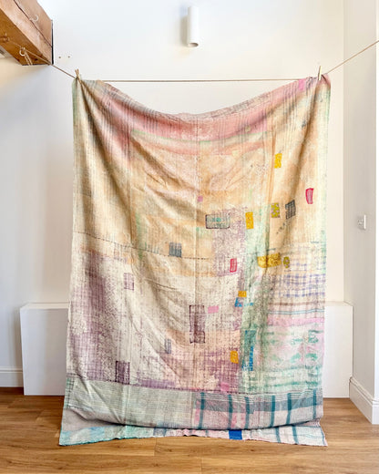 Project Kantha Quilt: Pink, Yellow and Green With Authentic Aged Texture - Biggs & Hill