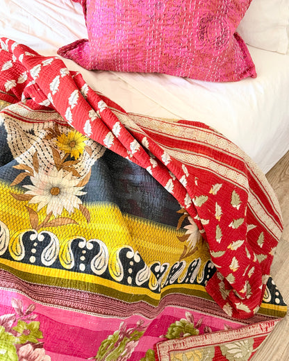Large Fine Stitched Vintage Kantha Quilt in Pink, Red and Yellow