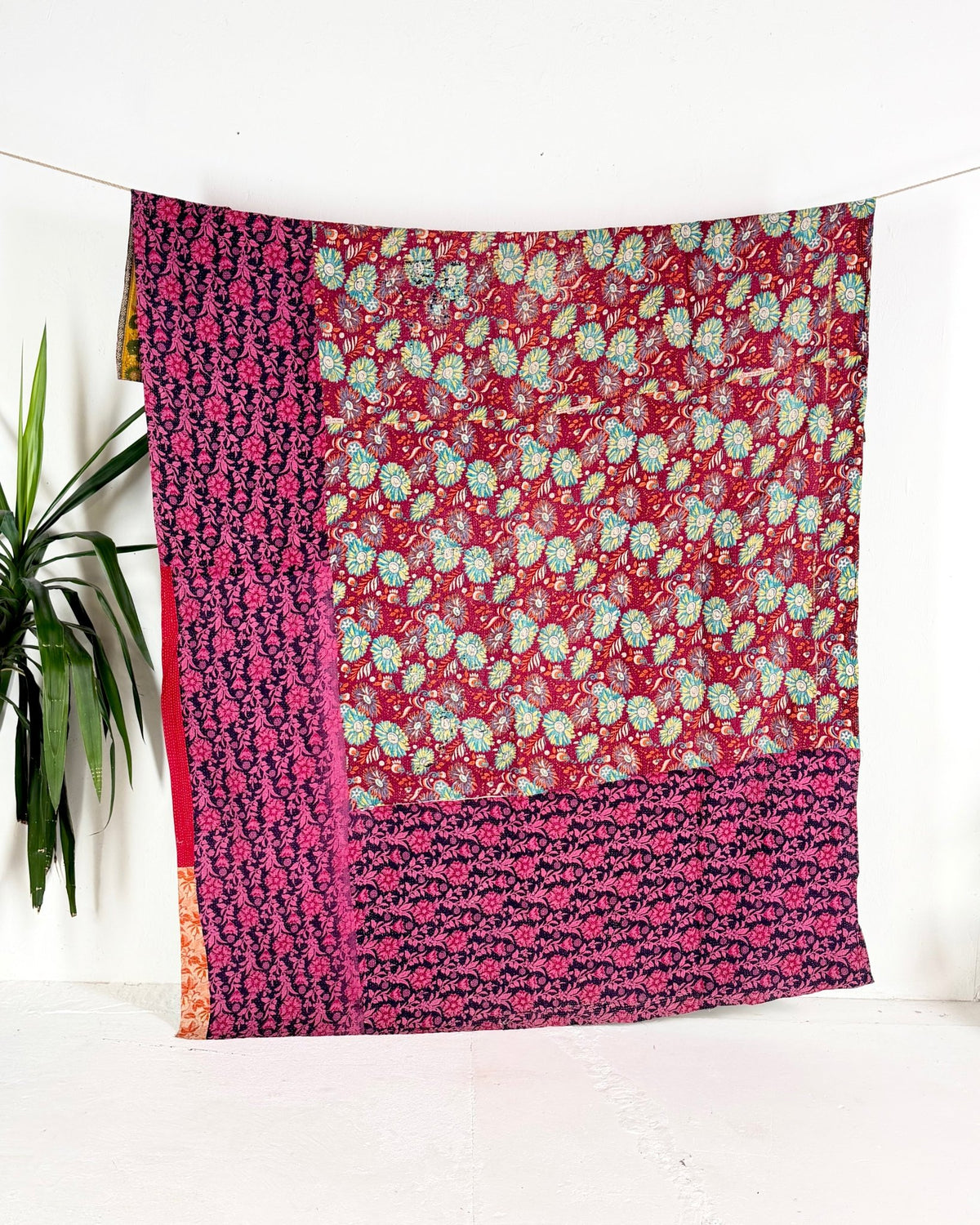 Large Fine Stitched Vintage Kantha Quilt in Bright Pink and Green - Biggs & Hill