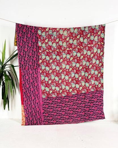 Large Fine Stitched Vintage Kantha Quilt in Bright Pink and Green - Biggs & Hill