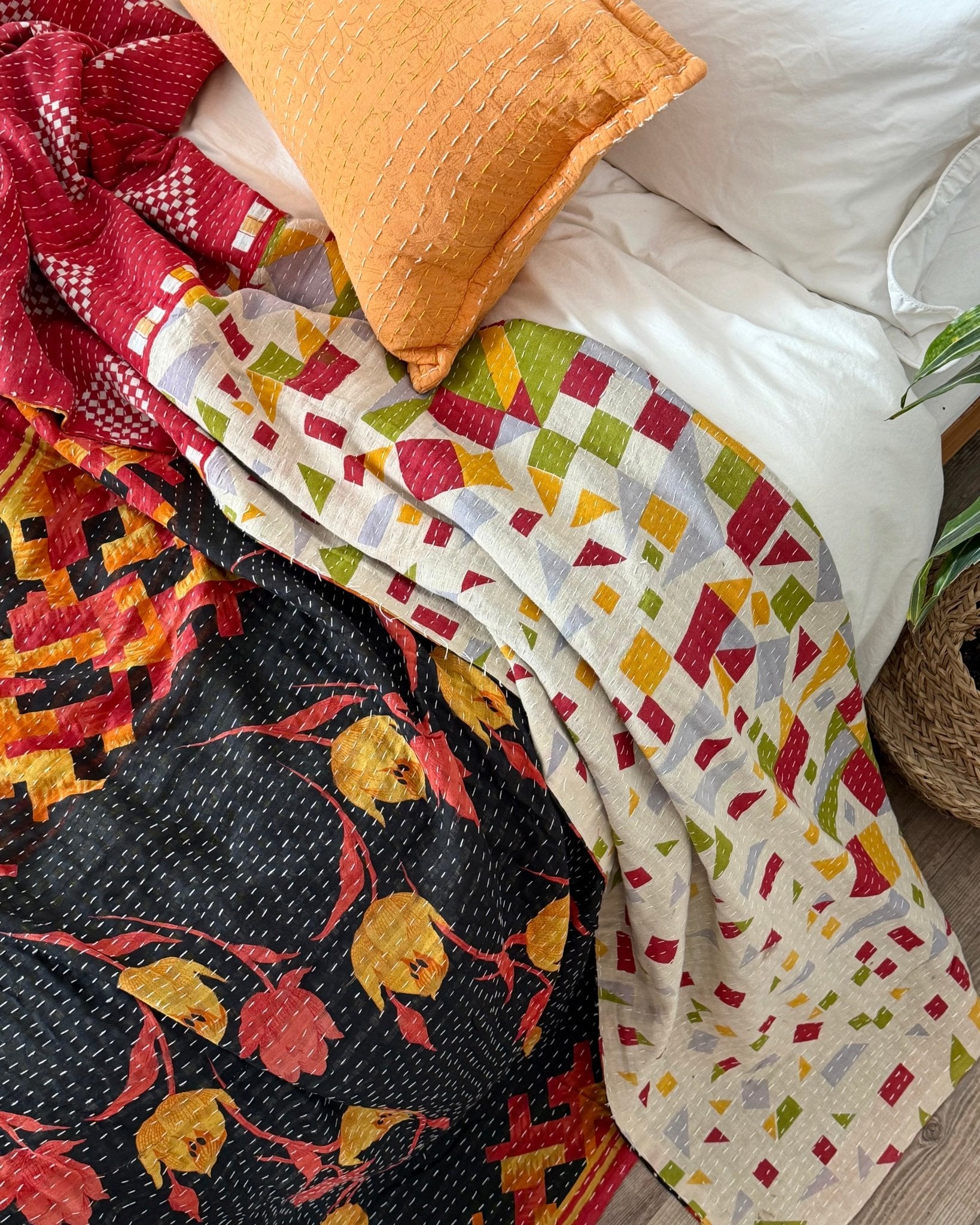 Super King Vintage Kantha Quilt in Orange, Black and Yellow - Biggs & Hill