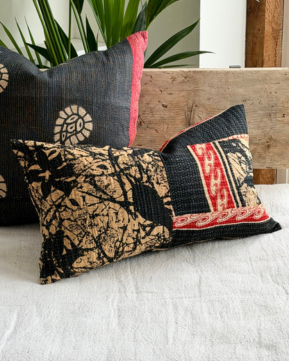 Vintage Kantha Cushion In Black and Red- Small Rectangular
