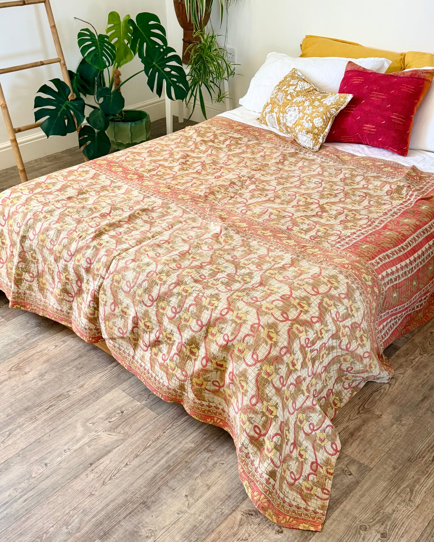 Large Fine Stitched Vintage Kantha Quilt in Orange and Beige