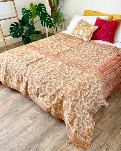 Large Fine Stitched Vintage Kantha Quilt in Orange and Beige