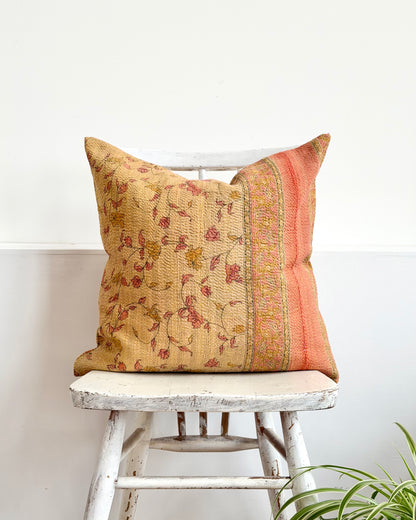 Vintage Kantha Cushion With Yellow Flowers - 45cm Square